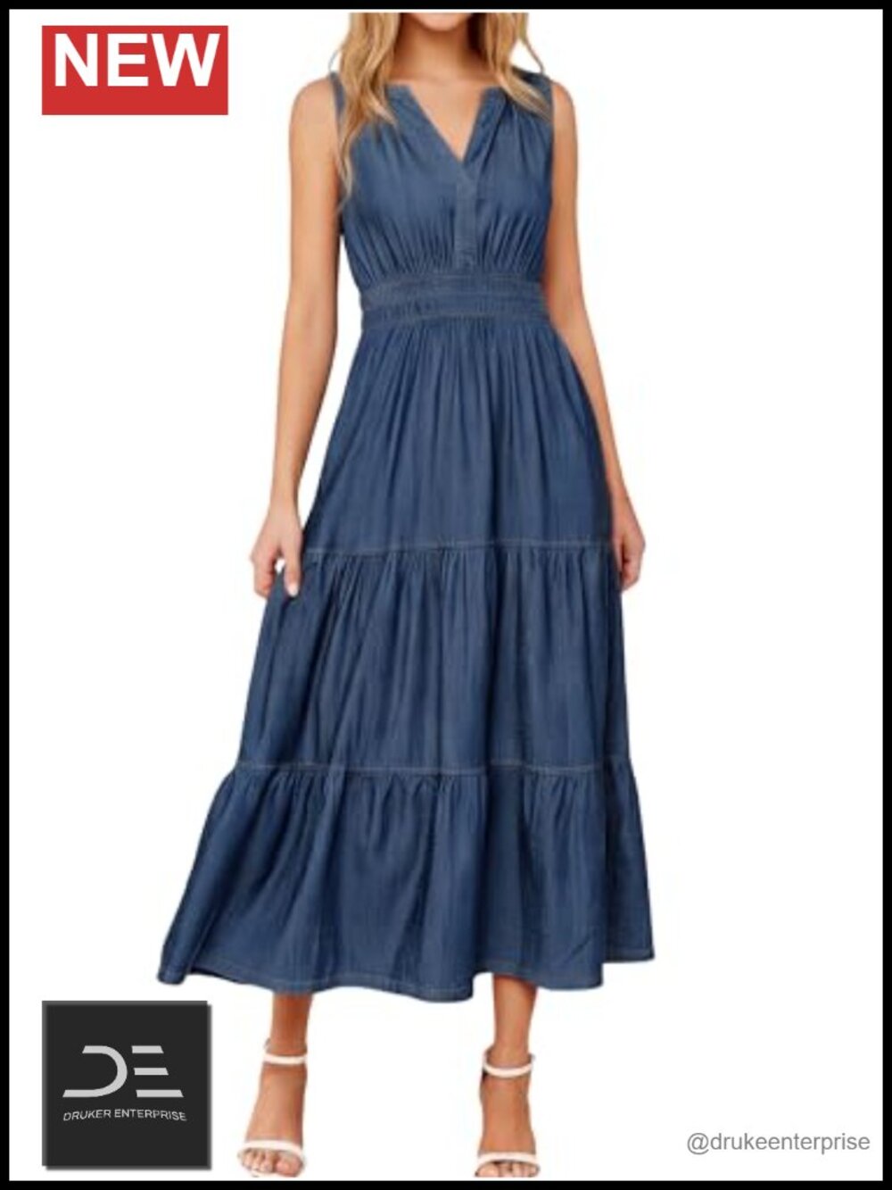 Lyocell Denim Maxi Dress Sleeveless A-Line Empire Waist Pockets